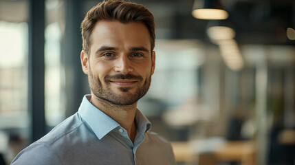Obraz premium Confident businessman in modern office exudes success and happiness, showcasing leadership and positivity