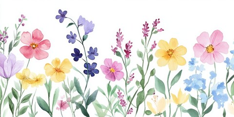 This stunning watercolor wildflower illustration is ideal for weddings, birthdays, and greeting cards, featuring a colorful array against a white background that enhances its beauty