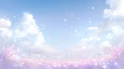 Soft Pastel Sky with Falling Petals and City Skyline