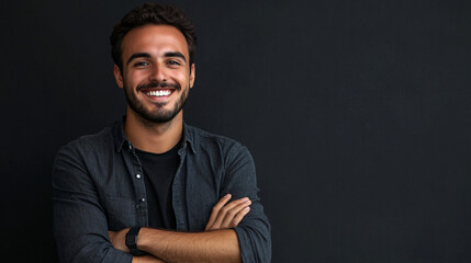 Young professional with a beard strikes a confident pose in front of a black background