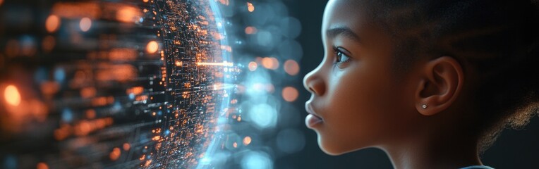 Fototapeta premium A young African girl reflects on a digital globe representing AI and technology