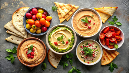 Delicious bowls of hummus and fresh vegetables create vibrant and inviting spread. colorful ingredients and textures evoke sense of joy and togetherness