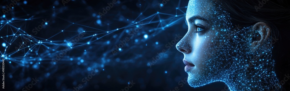 Poster a conceptual depiction of a female face showcasing elements of artificial intelligence and robotics