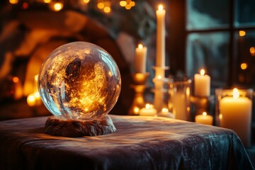 Mystical Crystal Ball Revealing Eerie Ghostly Apparitions SurroundedFlickering Candles