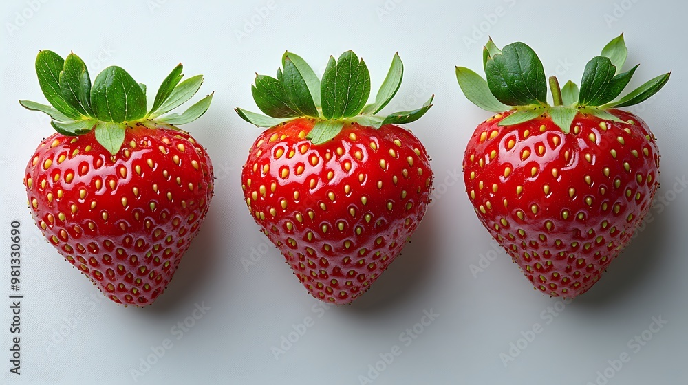 Wall mural three ripe strawberries with green leaves on a white background.