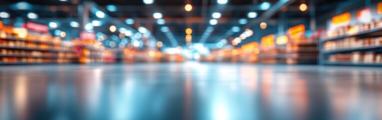 Supermarket shelving unit lightly illuminated with warm lights, creating a cozy shopping atmosphere