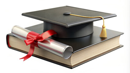 On top of a closed book is a graduation cap with yellow tassels, next to it is a diploma tied with a red ribbon.It symbolizes academic achievement and the completion of an educational milestone.AI gen