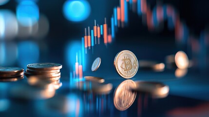 Falling interest rate investment in Bitcoin with financial graph indicators, symbolizing investment and market trends in digital currency.
