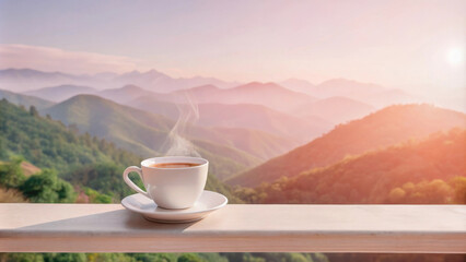 A serene cup of coffee sits on table, overlooking breathtaking mountain landscape at sunrise. steam rises gently, creating peaceful atmosphere for relaxation