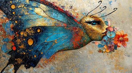   A painting of a blue butterfly with flowers in its mouth