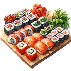 A delicious assortment of sushi featuring fresh rolls and vibrant garnishes on a wooden platter.