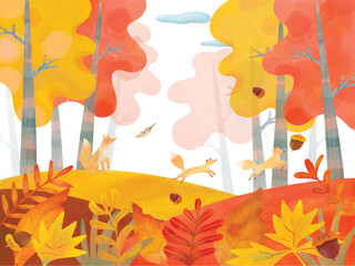 autumn leaves background-Cute vector frame illustration of a Scandinavian landscape, fashionable autumn plants, and a mother fox and her children.
