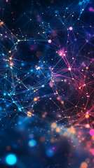 Obraz premium Abstract data flow illustration, Digital web with interconnected nodes and bright lines, Futuristic holographic feel, High-contrast dark background, Complex data transfer patterns