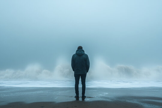 A man stands on a beach in the rain, looking out at the ocean