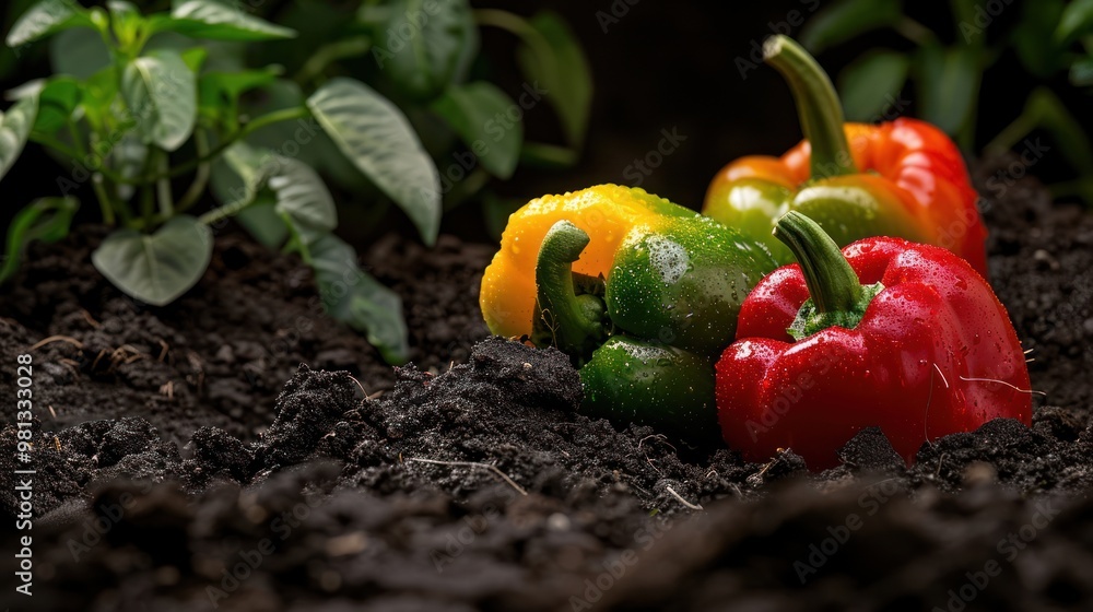 Sticker vibrant bell peppers in garden soil