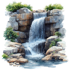 A serene landscape featuring a picturesque waterfall cascading over rocky formations, surrounded by lush greenery.