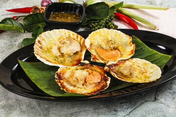 Griiled scallops in shell with cheese