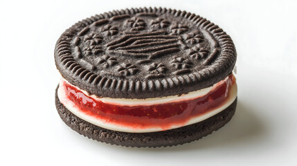 Oreo-style cookie on white background with strawberry filling