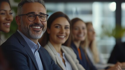 Fototapeta premium Group of business people smiling and listening to a presentation