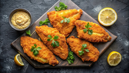 Crispy fried breaded tilapia fillets arranged on wooden board, garnished with fresh parsley and served with lemon slices and side of dipping sauce