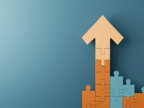 Glowing puzzle pieces forming an upward arrow, symbolizing the integration of business strategies for growth