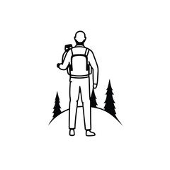 Fototapeta premium man holding camera standing on cliff of mountain in forest landscape, vector black color silhouette, 