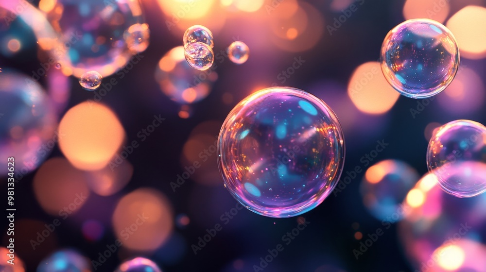Poster multicolored bubbles floating against a blurred background