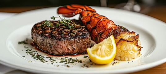Gourmet Surf and Turf Dish: Juicy Steak with Lobster Tail and Fresh Herb Garnish for Fine Dining Experience