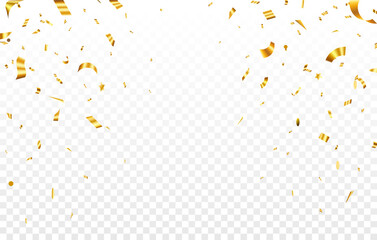 Fototapeta premium Golden confetti. Confetti celebration party background design, Falling shiny golden confetti isolated on transparent background, Celebration carnival ribbons, confetti,