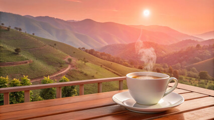 A serene cup of coffee sits on wooden table, overlooking breathtaking landscape of rolling hills at sunrise. warm light and gentle steam create peaceful atmosphere