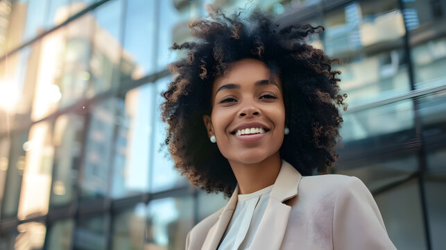 Happy business woman standing outside an office building