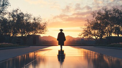 Capture a rear view of a graduate in a cap and gown, walking proudly across a university campus Utilize digital photorealistic techniques to make the scene look vibrant and dynamic