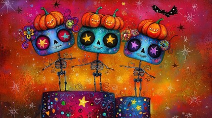   A painting of three skulls atop a hill with pumpkins and a soaring butterfly