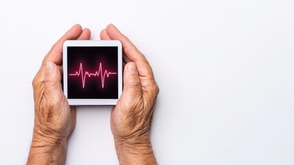 Hands holding a digital heart monitor, with the display showing heart rate data, heart rate check, health tracking