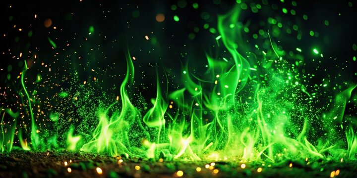 Blurred green fire embers sparks on black background , fire, embers, sparks, green, black, background, texture, isolated