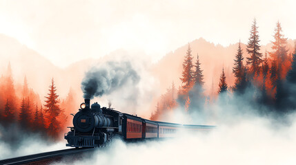 Illustrate a worms-eye view of a vintage steam train chugging along a winding track through a misty, enchanted forest Opt for a detailed watercolor style for a nostalgic touch