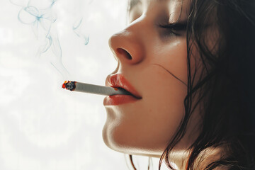 Woman smoking a cigarette on a white background
