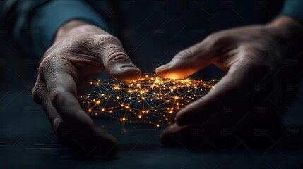 Hands connecting glowing data points in a network, representing integrated systems driving business success