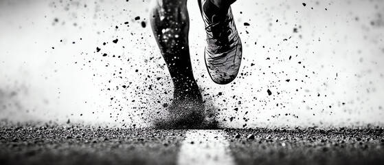 A thrilling close-up shot of a sprinters feet pounding the track, kicking up dust in a high-contrast black and white ink illustration, conveying raw speed and power