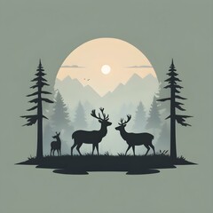 Fototapeta premium A serene forest background with a group of deer grazing peacefully in the early morning light