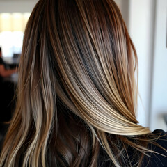 Fototapeta premium young Caucasian woman with long, wavy brown hair with blonde highlights, facing away from the camera, from behind 