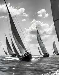 Sailing yachts racing in the wind. Black and white photos of sailing yachts. Ocean photography