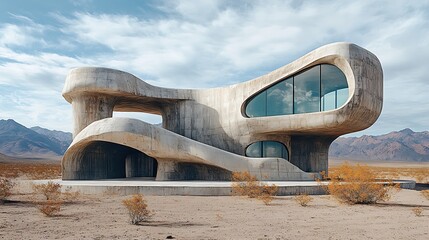 Fototapeta premium Modern concrete house in a desert landscape with a blue sky and clouds.