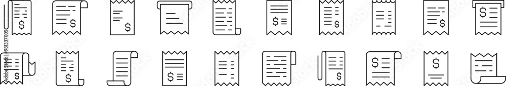 Poster store receipt outline web line icons collection. editable stroke. minimalistic linear pictogram for 