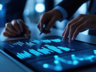 Naklejka premium Business professionals merging digital charts on a glowing screen, symbolizing strategic integration for success