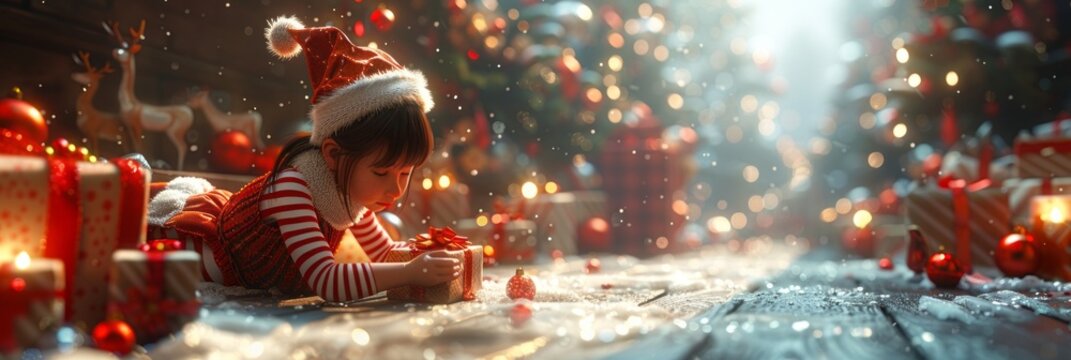 Santa's workshop comes alive with a young woman in an elf costume, complete with striped tights and pointy shoes, cheerfully wrapping gifts amidst a backdrop of toys and festive decor, banner