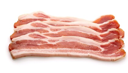 Obraz premium Fresh raw pork bacon slices is a type of salt cured pork made from various cuts, typically the belly or less fatty parts of the back. It is eaten as a side dish isolated on white background