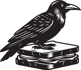 Obraz premium raven bird sitting on a sandwich silhouette vector art illustration.