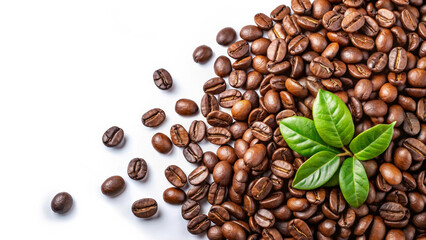 Obraz premium Freshly roasted coffee beans create rich, aromatic heap, complemented by vibrant green leaves, showcasing natural beauty of coffee