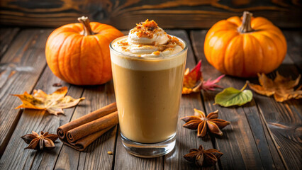 Creamy pumpkin spice latte smoothie garnished with whipped cream, surrounded by pumpkins and autumn leaves, evokes cozy fall atmosphere